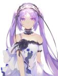  arm_strap black_flower black_ribbon black_rose choker collarbone dress euryale eyebrows_visible_through_hair fate/hollow_ataraxia fate_(series) floating_hair flower hairband lolita_hairband long_hair looking_at_viewer purple_eyes purple_hair ribbon rose saihate_(d3) shiny shiny_hair simple_background smile solo twintails upper_body very_long_hair white_background white_dress 