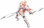  armor blonde_hair breasts cape fion_nucleus kenzaki_mitsutoshi medium_breasts original pixiv_dragoon ponytail short_hair simple_background solo sword weapon yellow_eyes 