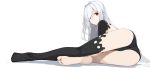  absurdres ass bare_legs barefoot blue_hair closed_mouth commentary_request feet full_body highres long_hair lying mikoto_(oi_plus) no_shoes on_side original panties red_eyes shadow single_thighhigh soles thighhighs toes underwear white white_background white_hair 