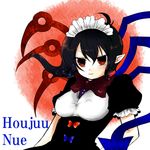  &gt;:) ahoge alternate_costume anna_miller asymmetrical_clothes black_hair breasts character_name covered_nipples headdress houjuu_nue medium_breasts moryu pointy_ears red_eyes smile solo touhou v-shaped_eyebrows waitress 