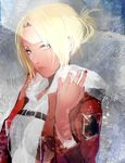  annie_leonhardt blonde_hair blue_eyes emblem hebi_(yurari) highres jacket military_police_brigade_(emblem) paradis_military_uniform shingeki_no_kyojin short_hair solo uniform 