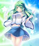  :o absurdres bad_id bad_pixiv_id blush breasts detached_sleeves frog_hair_ornament gohei green_eyes green_hair hair_ornament highres kochiya_sanae large_breasts long_hair midriff motokonut navel ofuda open_mouth panties skirt snake_hair_ornament solo star striped striped_panties touhou underwear 