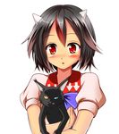  amanojaku_(gakkou_no_kaidan) animal animal_hug black_hair blush cat crossover fangs gakkou_no_kaidan_(anime) heterochromia honda_takaharu horns kijin_seija multicolored_hair open_mouth puffy_sleeves red_eyes red_hair short_sleeves silver_hair simple_background touhou uneven_eyes upper_body white_background 