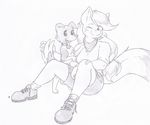  anthro anthrofied applejack_(mlp) band-aid black_and_white boots canine clothing collar dog equine female freckles friendship_is_magic hair horse joey-darkmeat mammal monochrome my_little_pony one_eye_closed plain_background pony scarf sitting tongue tongue_out white_background winona_(mlp) 