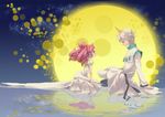  1girl bishoujo_senshi_sailor_moon chibi_usa closed_eyes couple double_bun dress earrings full_body full_moon helios_(sailor_moon) hetero horn jewelry kneeling moon pink_eyes pink_hair profile reflection short_hair sitting small_lady_serenity smile twintails white_hair zhengzheng 