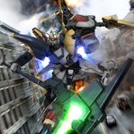  catwalk city explosion fire ground_vehicle gundam gundam_deathscythe gundam_wing hiropon_(tasogare_no_puu) mecha motion_blur motor_vehicle no_humans photo_background realistic road science_fiction scythe shield street truck 