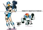  animal blue_leotard contrapposto copyright_name corporal_gendarmor cyclops dog gloves gun hand_on_hip helmet kou_(makoto_yabe) leotard looking_back looking_down machinery mighty_(series) mighty_switch_force! navel one-eyed patricia_wagon pigeon-toed police robot running simple_background smile standing ugly_twitching_dog weapon white_background 