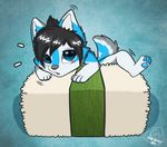  black_hair blue_eyes blue_fur blush chibi cute food fur hair rice seaweed sushi white_fur wusky yuni yuniwolfsky 