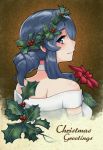  1girl alternate_costume back bare_shoulders blue_eyes blue_hair brown_background choker christmas commentary dress elbow_gloves english_commentary eyebrows_visible_through_hair eyelashes flower gloves gotland_(kantai_collection) gradient gradient_background hair_over_shoulder hair_up head_wreath holding holding_flower holly kantai_collection lips long_hair looking_at_viewer looking_back merry_christmas poinsettia psidubs signature solo strapless strapless_dress text_focus tied_hair upper_body white_choker white_dress white_gloves 