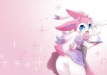  ambiguous_gender blue_eyes blue_fur blush bottomless bow butt canine clothed clothing cup cute_fangs eeveelution fur girly looking_back mammal nintendo pink_background pink_fur pink_tail pinup pok&eacute;mon pok&eacute;mon_(species) pose rear_view ribbons simple_background snout sum sylveon tea_cup upskirt video_games white_fur 