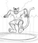  5_toes anthro ben_the_dragon black_and_white cat clothing feline fence full-length_portrait hair hindpaw jumping line_art long_tail mammal monochrome open_mouth paws pen_(art) pencil_(art) peter sketch smile soles solo stripes toes traditional_media trampoline 