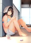  akagi_asahito barefoot black_eyes black_hair blue_bra bra breasts cleavage cup_ramen day eating full_body highres indoors large_breasts long_hair mouth_hold original shorts sitting solo towel towel_on_head underwear 