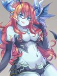  blue_eyes blue_skin blush blush_stickers breasts demon_girl demon_tail elbow_gloves fang gloves grey_background hera-is_(p&amp;d) hera_(p&amp;d) horns jewelry long_hair medium_breasts navel necklace pointy_ears puzzle_&amp;_dragons red_hair simple_background smile solo tail tsunakan wings 