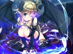  ahoge all_fours bad_id bad_pixiv_id bare_shoulders black_legwear blonde_hair blush boots breasts chain cleavage demon_girl demon_horns demon_wings detached_sleeves fangs garter_straps green_eyes horns jewelry large_breasts long_hair looking_at_viewer meiyaku_no_guardian_knights one_eye_closed original pointy_ears ring solo succubus thigh_boots thighhighs wings yamacchi 