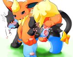  all_fours anal anal_penetration anus balls blue_eyes blush cum cum_in_ass cum_in_pussy cum_inside duo eeveelution erection female flareon grass japanese_text looking_back luxray male nintendo open_mouth pawpads penetration penis pok&#233;mon pok&eacute;mon pussy red_eyes sex smile straight text tomcat_in_sky video_games 