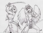  2013 anthro bhawk big_breasts breasts bulge clothing dickgirl duo equine eyewear female goggles hair horn horse intersex japanese_clothing katana kimono lamiaaaa long_hair male mammal monochrome my_little_pony open_mouth original_character pegasus pony robe samurai smile sword unicorn weapon wings 