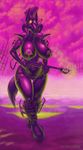  areola big_areola big_breasts biohazard_symbol bodysuit boots breasts canine dark_aldebaran detailed female front gas_mask hair mammal purple_hair purple_theme rubber short_hair skinsuit sky smoke solo standing weapon wide_hips wolf 