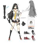  ahoge bad_id bad_pixiv_id black_hair black_legwear blue_eyes breasts character_name character_sheet cleavage closers full_body highres holster kneehighs korean large_breasts long_hair necktie official_art red_star_alliance shoes skirt smile sneakers sword weapon yuri_seo 