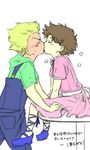  1girl bad_id bad_pixiv_id blonde_hair blush caesar_anthonio_zeppeli child dress facial_mark genderswap genderswap_(mtf) hetero hinmagatta hood hoodie jojo_no_kimyou_na_bouken joseph_joestar_(young) kiss overalls short_hair time_paradox translated younger 