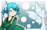  blue_eyes blue_hair fins head_fins highres japanese_clothes kimono mermaid monster_girl one_eye_closed short_hair smile solo touhou wakasagihime wool_(miwol) 