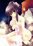  absurdres arm_support bangs black_hair blush breasts brown_eyes copyright_request flower folded_ponytail hair_flower hair_ornament hair_up highres large_breasts leaning_forward miyasu_risa navel night night_sky nude onsen shiny shiny_skin sky smile soaking_feet solo steam towel water 
