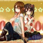  alternate_hairstyle black_hair blush brown_hair casual denim earrings food fruit hair_bobbles hair_ornament hirasawa_yui holding holding_food holding_fruit jeans jewelry k-on! kirisawa_saki listen!! multiple_girls nakano_azusa navy_blue_legwear one_eye_closed pants pants_rolled_up pantyhose polka_dot polka_dot_shirt shirt shoes short_hair side-by-side side_ponytail sketch strawberry t-shirt v 