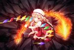  ascot bad_id bad_pixiv_id blonde_hair fire flandre_scarlet foreshortening hat laevatein looking_at_viewer open_mouth philomelalilium red_eyes short_hair side_ponytail solo touhou wings 