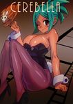  alternate_costume aqua_hair aqua_lipstick bare_shoulders breasts bunny_girl bunny_tail bunnysuit cerebella_(skullgirls) character_name cleavage dark_skin eyeshadow facial_mark film_reel hat hat_removed headwear_removed high_heels huka large_breasts leotard lipstick makeup one_eye_closed pantyhose purple_eyes short_hair skullgirls smile solo tail vice-versa_(skullgirls) wrist_cuffs 