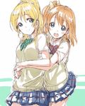  :o ayase_eli blonde_hair blue_eyes blush brown_hair hug hug_from_behind kirisawa_saki kousaka_honoka light_smile love_live! love_live!_school_idol_project multiple_girls one_side_up open_mouth otonokizaka_school_uniform ponytail school_uniform sketch sweater_vest 