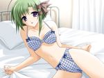  1girl bed bra game_cg green_hair panties photoshop pillow purple_eyes shigure_asa short_hair shuffle! underwear 