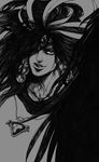  bud_(korovsme) earrings feathers greyscale hair_feathers headdress highres jewelry jojo_no_kimyou_na_bouken kars_(jojo) long_hair male_focus monochrome red_stone_of_aja solo 