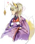  aburaage animal_ears bad_id bad_pixiv_id blonde_hair bow crossed_arms food fox_ears fox_tail hair_bow highres hook japanese_clothes kimono long_hair michiyuki multiple_tails original profile red_eyes simple_background solo suzume_yuu tail upper_body white_background 