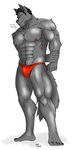  abs anthro biceps big_muscles black_hair black_nose blue_eyes bulge canine claws clothing fangs fur grey_fur grin hair hentist looking_at_viewer male mammal muscles nipples pecs plain_background pose smile solo speedo standing swimsuit teeth toe_claws toned topless vein white_background wolf 