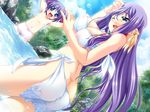  2girls age_difference bikini blue_eyes breasts game_cg koihime_musou kouchuu large_breasts long_hair mother_and_daughter multiple_girls purple_hair riri short_hair smile swimsuit topless very_long_hair wink 