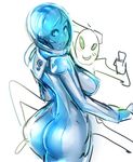  1girl alien ass blue_eyes blue_skin bodysuit breasts from_behind helmet highres huge_ass large_breasts looking_back maniacpaint see-through solo_focus 