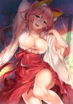  1girl animal_ears arm_up armpits arms_up bangs blush breasts cleavage collarbone commentary_request fate/extra fate_(series) fox_ears hair_between_eyes hakama hakama_skirt highres japanese_clothes kawai kimono large_breasts leg_up licking_lips long_hair long_sleeves looking_at_viewer lying miko no_bra on_back open_mouth pink_hair red_hakama sash shiny shiny_skin smile solo sparkle tamamo_(fate)_(all) tamamo_no_mae_(fate) thighs tongue tongue_out white_kimono wide_sleeves yellow_eyes 