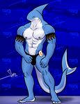  abs anthro barefoot bgn biceps big_muscles blue_eyes blue_skin bulge fin fish gills grin looking_at_viewer male marine muscles nipples pecs pose rex_(character) scales shark smile solo speedo standing swimsuit tattoo topless white_skin 
