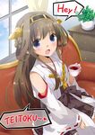  ahoge bare_shoulders black_tea blue_eyes blush brown_hair couch cup detached_sleeves english hairband japanese_clothes kantai_collection kongou_(kantai_collection) long_hair looking_at_viewer open_mouth ribbon-trimmed_sleeves ribbon_trim romaji sitting skirt smile solo tamaoka_kagari tea teacup wide_sleeves 