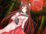  animal_ears bamboo bamboo_forest breasts brooch brown_hair deeshima dress dutch_angle forest frilled_sleeves frills full_moon hand_on_own_chest imaizumi_kagerou jewelry layered_dress light_particles light_smile long_hair long_sleeves looking_at_viewer medium_breasts moon nature red_eyes red_moon red_sky sky solo touhou wolf_ears 