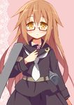  9law blush brown_eyes brown_hair crescent flower glasses holding holding_flower kantai_collection long_hair mecha_musume mochizuki_(kantai_collection) red-framed_eyewear school_uniform semi-rimless_eyewear serafuku solo under-rim_eyewear very_long_hair 