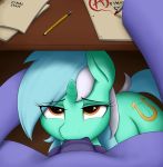 2018 absurd_res anearbyanimal balls cutie_mark duo english_text equine female feral first_person_view friendship_is_magic hi_res horn looking_at_viewer lyra_heartstrings_(mlp) male male/female mammal my_little_pony oral pencil_(object) penis sex text under_table unicorn 