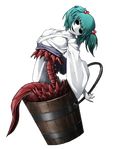  full_body green_hair hair_bobbles hair_ornament kisume mazeran no_eyes no_humans persona sharp_teeth solo spine teeth tentacles touhou transparent_background twintails white_skin wooden_bucket 