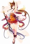  animal_ears ankle_wrap armpits bell brown_hair detached_sleeves full_body highres jingle_bell legs long_hair looking_at_viewer orange_eyes original ponytail retsuna sandals simple_background skirt solo sword tail weapon white_background 