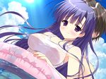  blue_hair game_cg hoshizora_e_kakaru_hashi koumoto_madoka long_hair purple_eyes ryohka see_through swimsuit water 