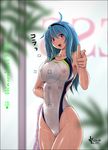  :d ahoge blue_hair blush breasts competition_swimsuit covered_nipples finger_gun highleg highleg_swimsuit large_breasts long_hair murasaki_nyaa one-piece_swimsuit open_mouth original pose purple_eyes see-through smile solo swimsuit taking_picture towel viewfinder wet wet_clothes wet_swimsuit 