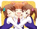  ^_^ brown_eyes brown_hair cheek-to-cheek closed_eyes futami_ami futami_mami grin hug idolmaster idolmaster_(classic) long_hair mini39mame multiple_girls orange_hair school_uniform siblings side_ponytail smile sweater_vest takatsuki_yayoi the_best_schoolmate_(idolmaster) twins twintails 