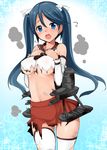  black_hair blue_eyes blue_hair blush breasts cowboy_shot detached_sleeves hair_ribbon isuzu_(kantai_collection) kantai_collection large_breasts long_hair looking_at_viewer miki_purasu navel open_mouth ribbon simple_background skirt solo thighhighs torn_clothes torn_legwear twintails underboob white_legwear 