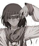  bangs chomoran cutting_hair hair_over_eyes long_sleeves monochrome monogatari_(series) school_uniform scissors sengoku_nadeko severed_hair simple_background solo white_background 