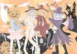  4girls :&lt; alternate_costume bandages barefoot bat bat_wings black_legwear blonde_hair blue_hair boots breasts cape castle cleavage crescent_moon fang flandre_scarlet graveyard grey_eyes grey_hair groin halloween hat highres jack-o'-lantern karua_m kneehighs komeiji_koishi komeiji_satori large_breasts moon multiple_girls naked_bandage nude orange_sky pigeon-toed pumpkin_hat red_eyes remilia_scarlet sky slippers thighhighs third_eye top_hat touhou underboob white_legwear wings witch_hat 