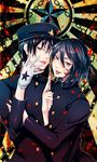  2boys androgynous black_hair blood chains gakuran glasses gloves hat jaibo_(litchi_hikari_club) litchi_hikari_club matsurika_youko multiple_boys peaked_cap red_eyes scalpel school_uniform short_hair star uniform zera_(litchi_hikari_club) 